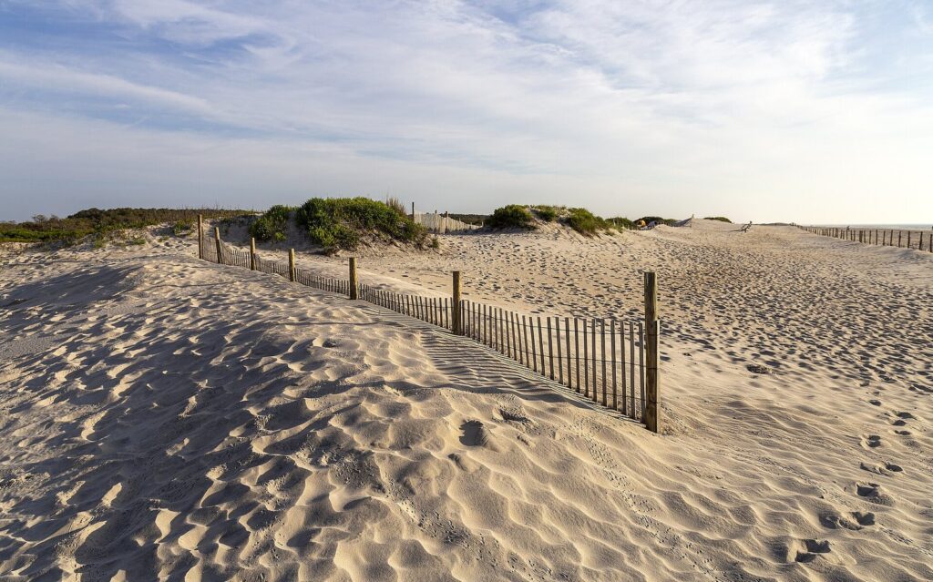 Sand fencing zigzagging across windswept dunes on the Maryland end of Assateague