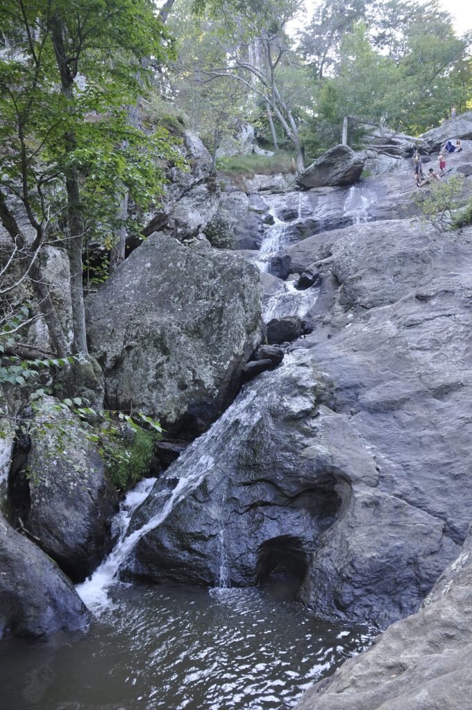 Water cascading down tiers of gray rock into a pool in a wooded ravine