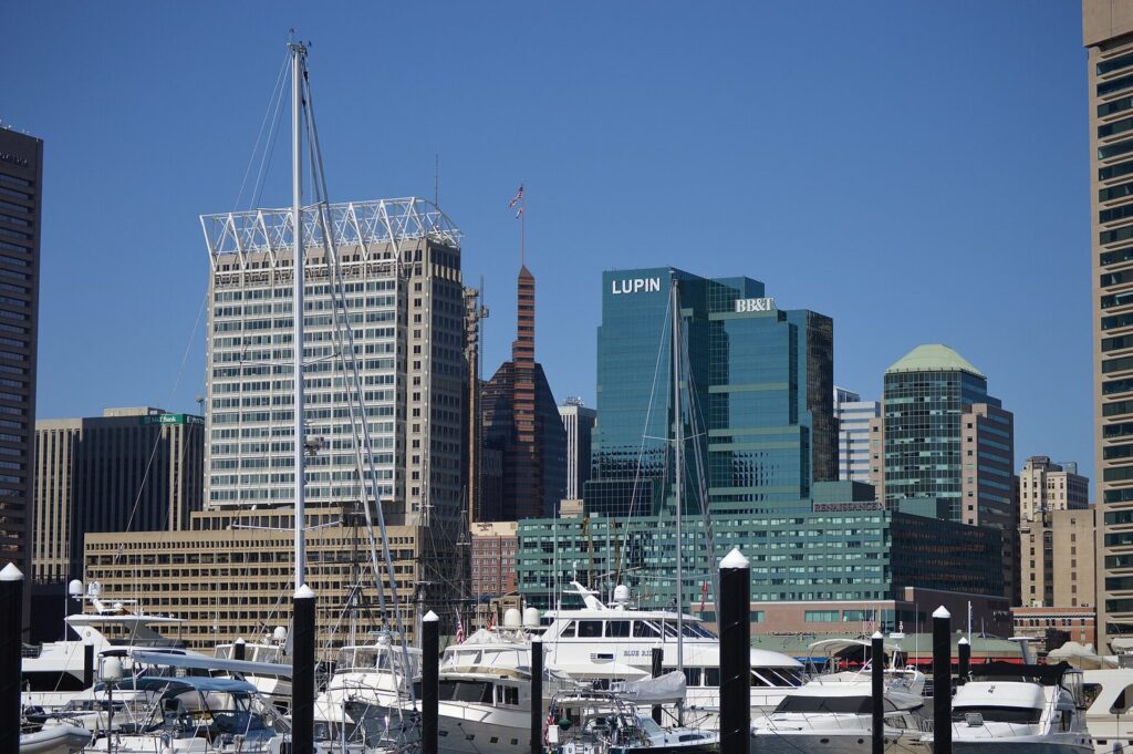 Downtown office towers rising behind the masts of boats docked in a marina