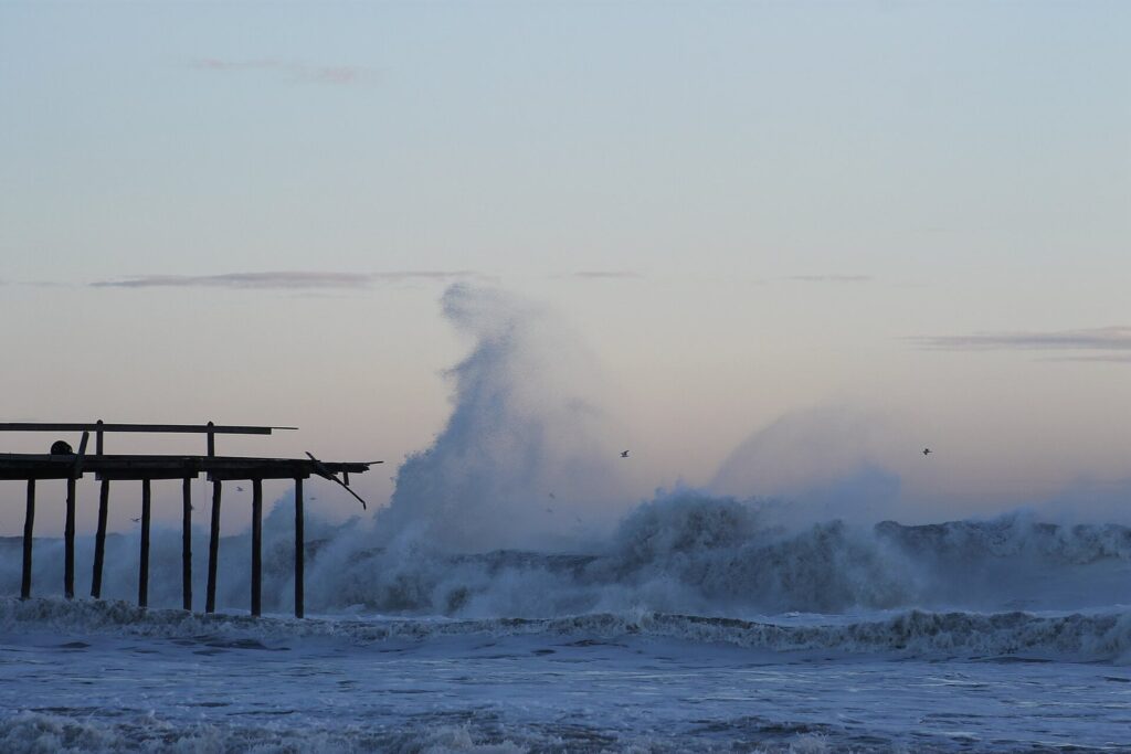 Storm waves exploding against the broken end of the fishing pier during Winter Storm Jonas in January 2016