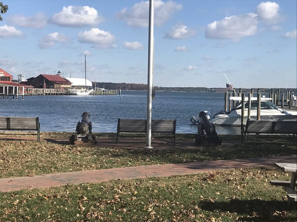 Two old cannons on a grassy waterfront park, with the harbor, boats and the museum's red-roofed buildings behind