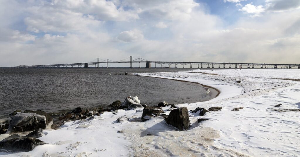 The Chesapeake Bay Bridge seen from the sand at Sandy Point State Park
